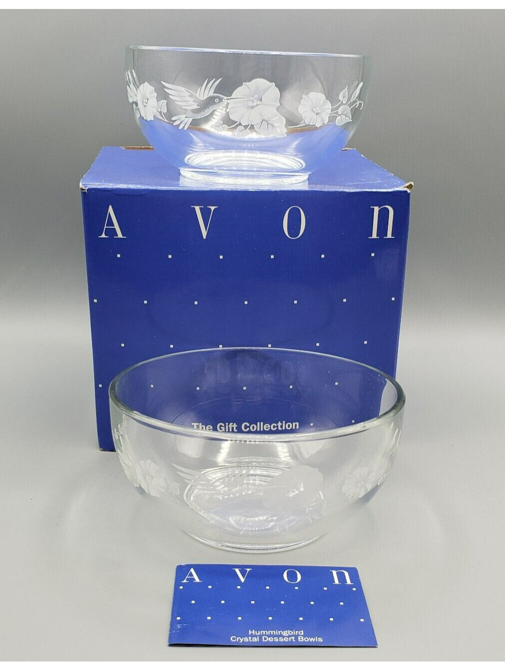 Vintage Avon Hummingbird Dessert Bowls 2 Lead Crystal In Box Etched Flowers